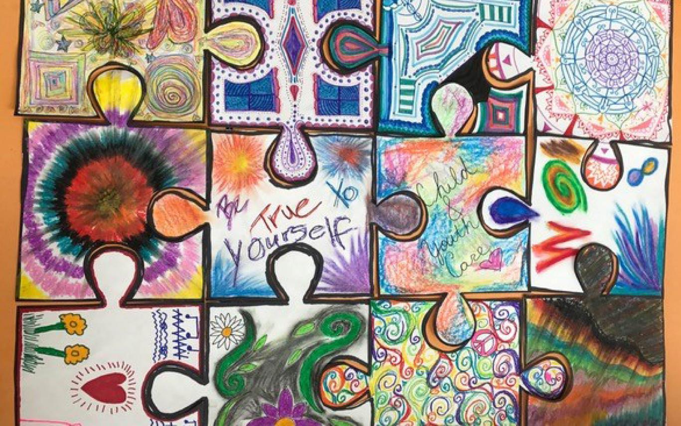 Puzzle-themed crayon art. 